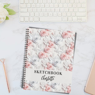 Sketchbook flowers pink white name script notebook
