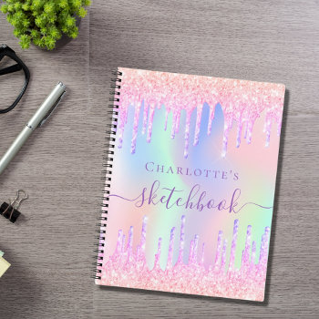 Sketchbook Glitter Drips Rainbow Pink Monogram Notebook by Thunes at Zazzle