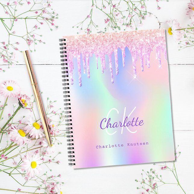 Sketchbook glitter drips rainbow pink monogram  notebook (Creator Uploaded)
