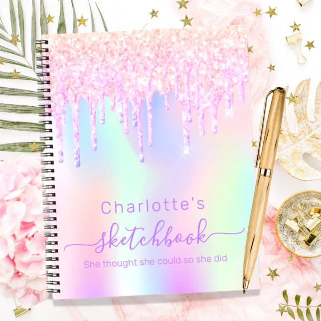 Sketchbook glitter holographic pink motivational notebook Zazzle