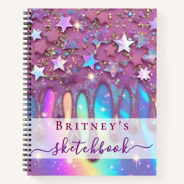 Sketchbook holographic pink drips girly notebook (Front)