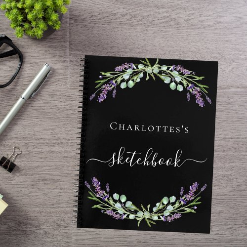 Sketchbook lavender greenery violet florals black notebook