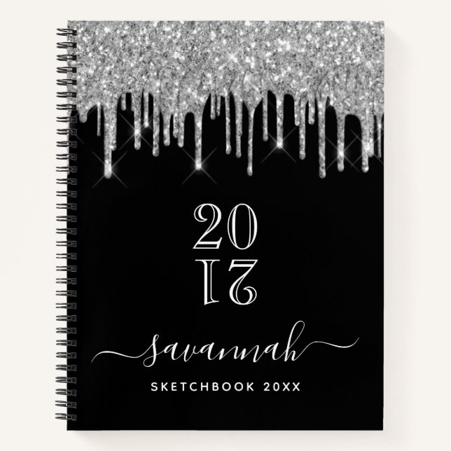 Sketchbook monogram black silver glitter year notebook (Front)