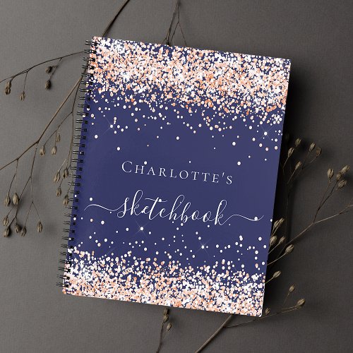 Sketchbook navy blue rose gold glitter name script notebook