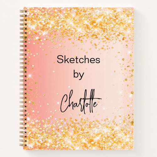 Sketchbook orange gold glitter script glam notebook