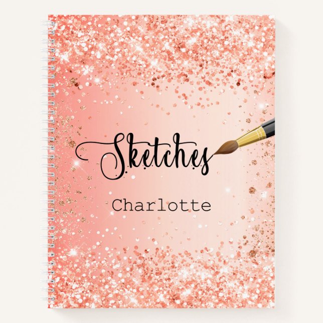 Sketchbook orange rose gold glitter name paint notebook (Front)