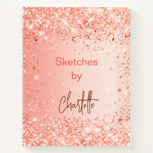 Sketchbook orange rose gold glitter name script notebook