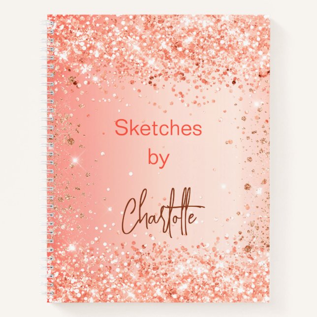 Sketchbook orange rose gold glitter name script notebook (Front)