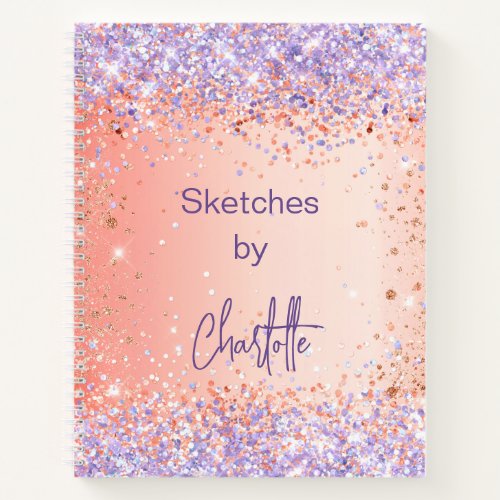 Sketchbook orange violet rose gold glitter script notebook