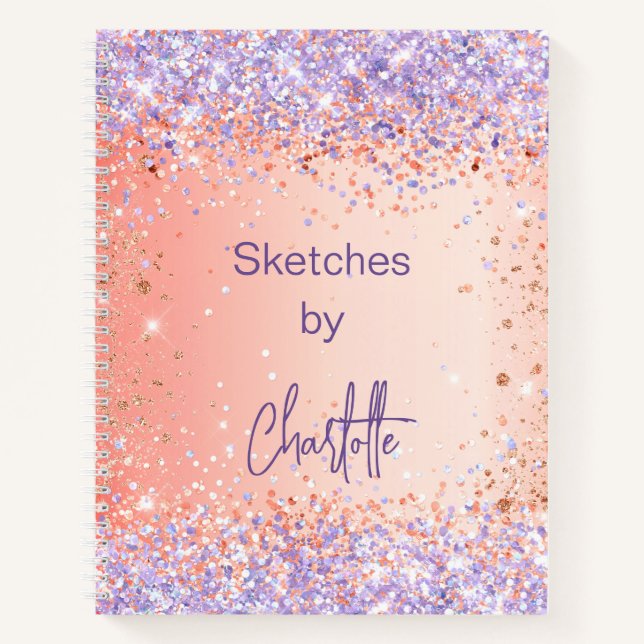 Sketchbook orange violet rose gold glitter script notebook (Front)