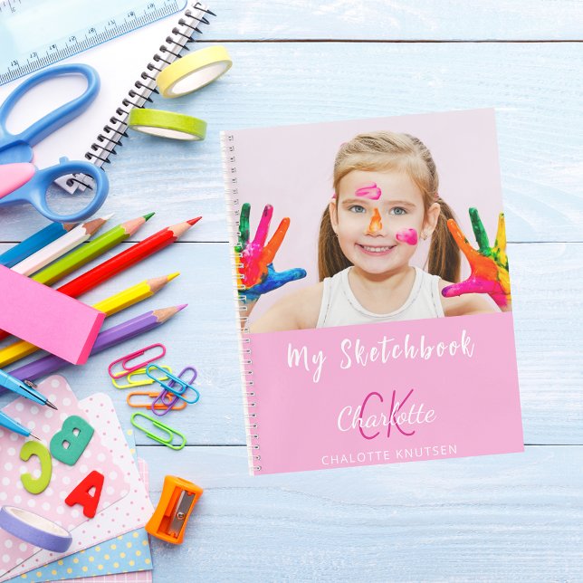 Sketchbook photo pink monogram name notebook (Creator Uploaded)