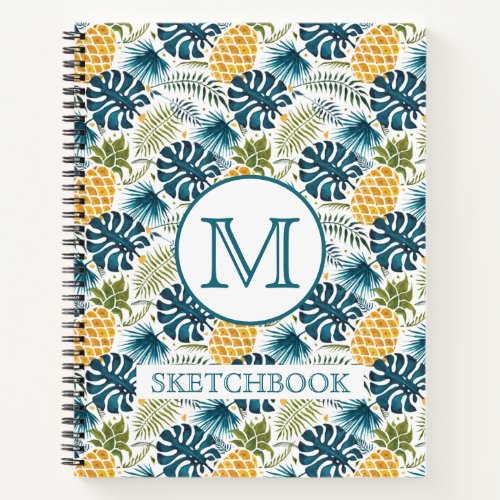 Sketchbook pineapples blue palm leaves monogram notebook