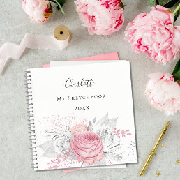 Sketchbook pink floral silver foliage white name notebook