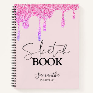 Sketchbook Pink Glitter Drips School Your Name Notebook