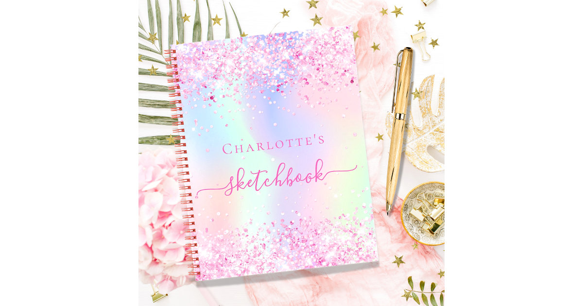 Sketchbook blush pink glitter name script notebook, Zazzle