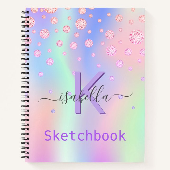 Sketchbook  pink purple diamonds iridescent name notebook (Front)