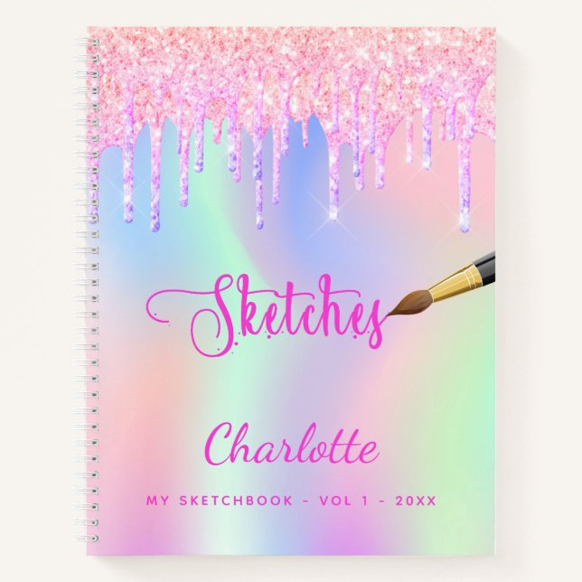 Sketchbook pink purple glitter drips holographic notebook (Front)