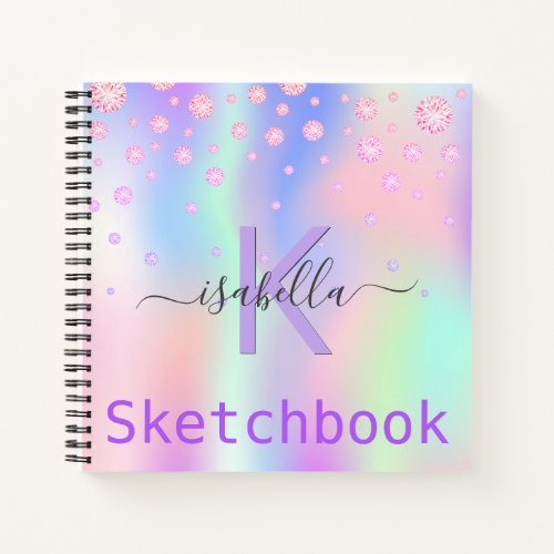 Sketchbook pink purple holographic diamonds name notebook