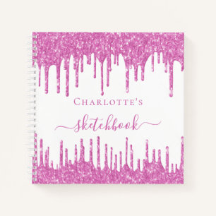 Sketchbook pink white glitter drips name girl notebook
