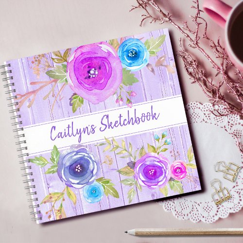 Sketchbook purple floral watercolor rustic script notebook