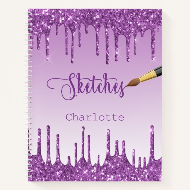 Sketchbook purple glitter drips name paint notebook (Front)