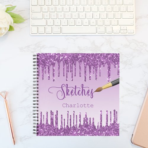 Sketchbook purple glitter drips name paint notebook