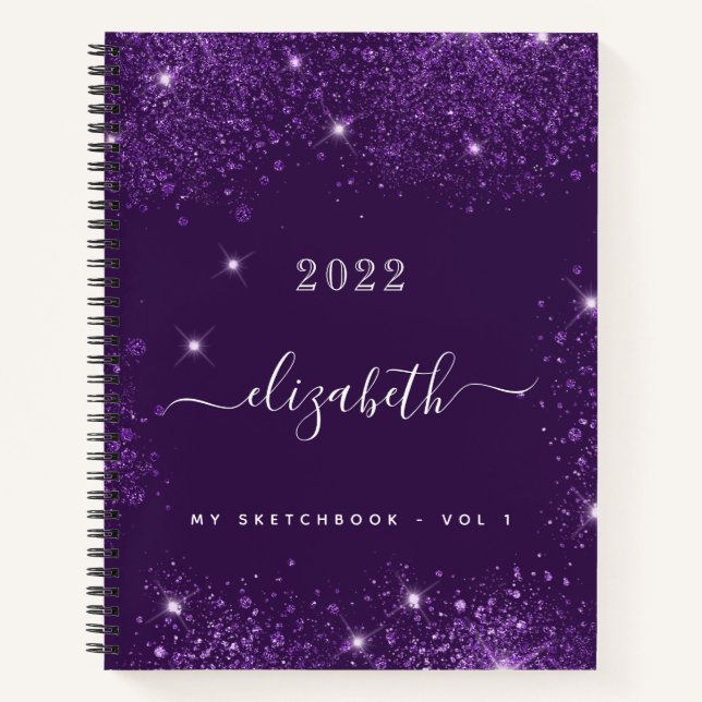 Sketchbook purple glitter dust name script notebook (Front)