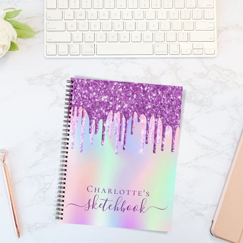 Sketchbook purple pink glitter drips holographic notebook