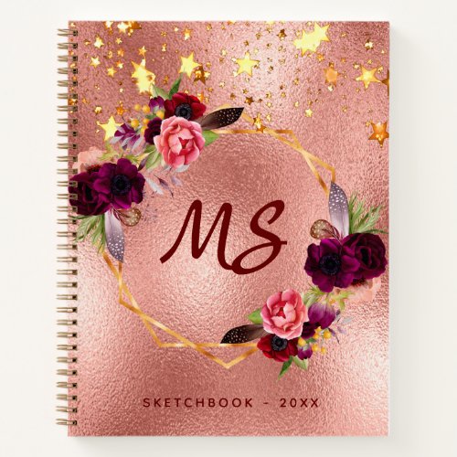 Sketchbook rose gold flowers burgundy monogram notebook