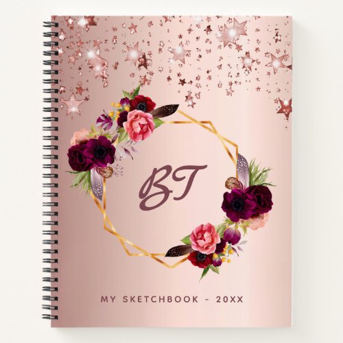 Sketchbook rose gold flowers burgundy monogram notebook