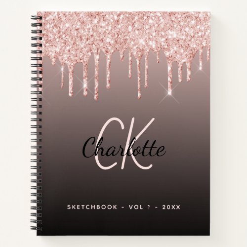 Sketchbook rose gold glitter black monogram notebook