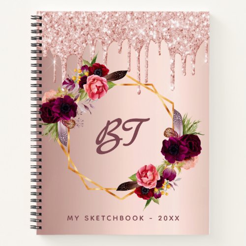 Sketchbook rose gold glitter burgundy monogram notebook