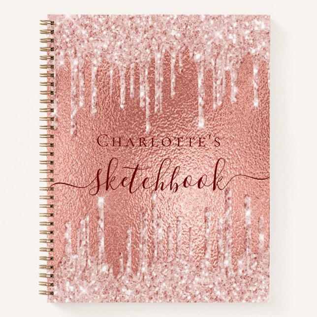 Sketchbook rose gold glitter drips monogram notebook (Front)