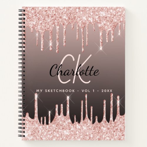 Sketchbook rose gold glitter drips monogram notebook