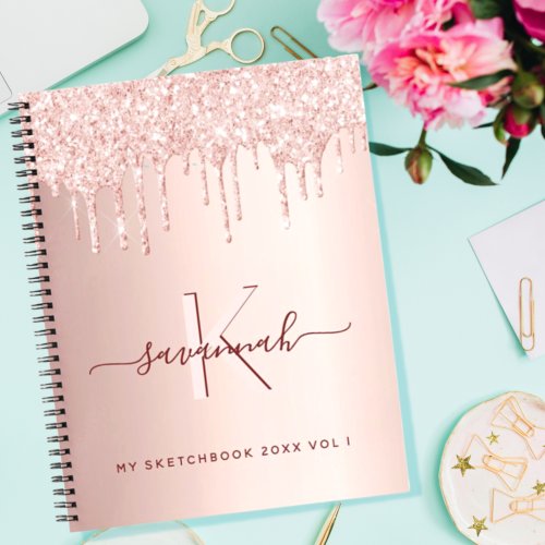 Sketchbook rose gold glitter pink monogram script notebook