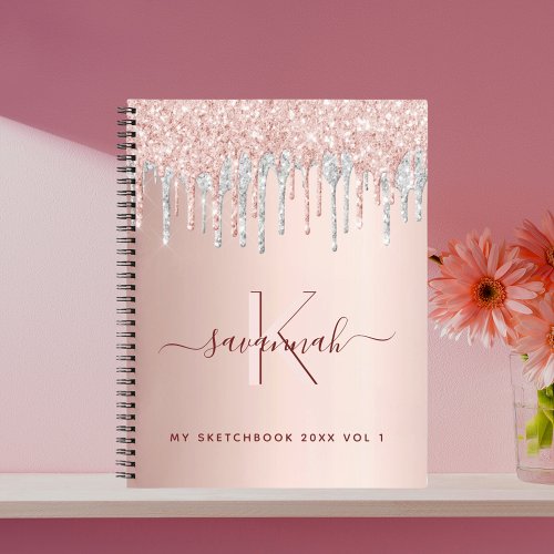 Sketchbook rose gold glitter silver pink monogram notebook