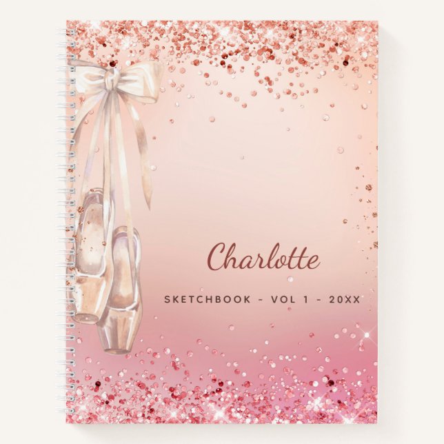 Sketchbook rose gold pink glitter ballet dance notebook (Front)