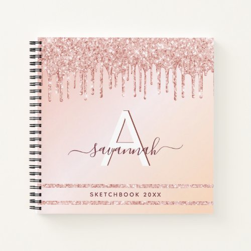 Sketchbook rose gold pink glitter drips monogram notebook