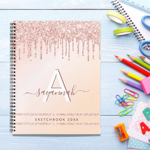 Sketchbook rose gold pink glitter monogram notebook