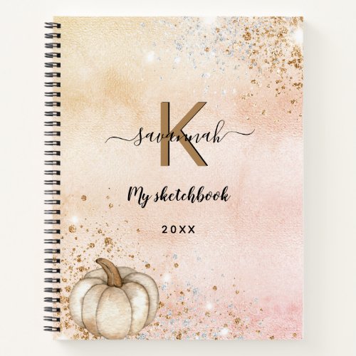 Sketchbook rose gold pumpkin glitter monogram notebook