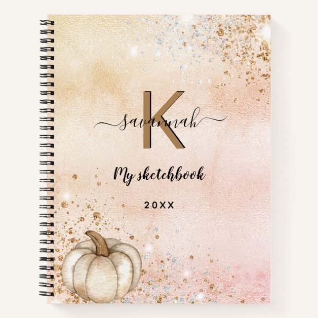Sketchbook rose gold pumpkin glitter monogram notebook (Front)