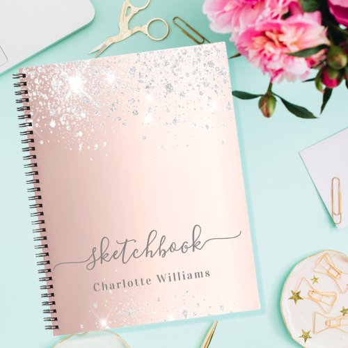 Sketchbook rose gold silver glitter dust monogram  notebook