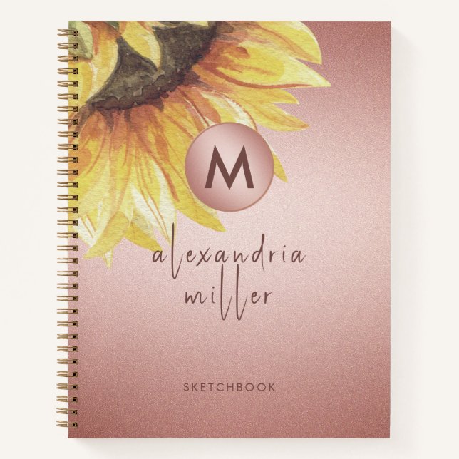 Sketchbook Rose Gold Sunflower Monogram Notebook (Front)
