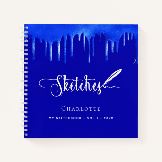 Sketchbook royal blue paint dripping name script notebook (Front)
