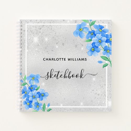Sketchbook silver blue floral name notebook