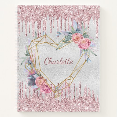 Sketchbook silver floral blush pink glitter name notebook