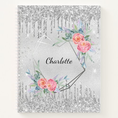 Sketchbook silver floral glitter blush pink name notebook