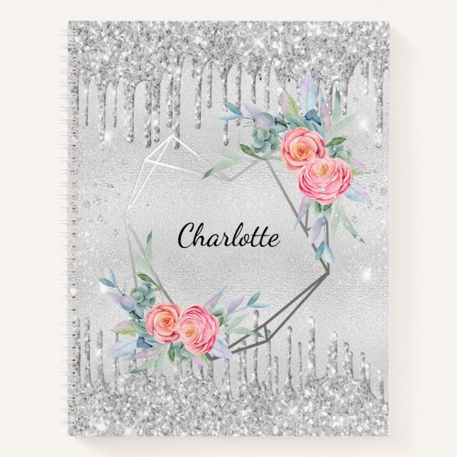 Sketchbook silver floral glitter blush pink name notebook (Front)