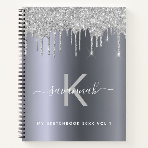 Sketchbook Silver glitter monogram elegant modern Notebook