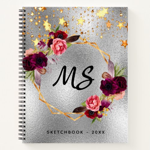 Sketchbook silver monogram gold floral burgundy notebook